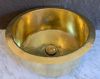 Hammered Unlacquered Brass Round Bar Sink , Drop In Sink , Brass Round Sink , Under mount Brass Sink,Handcrafted Brass Round Sink with drain