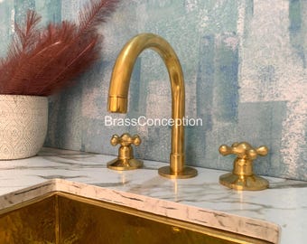 Unlacquered Brass Bathroom Faucet: 3-Hole Solid Brass Vanity Sink Tap