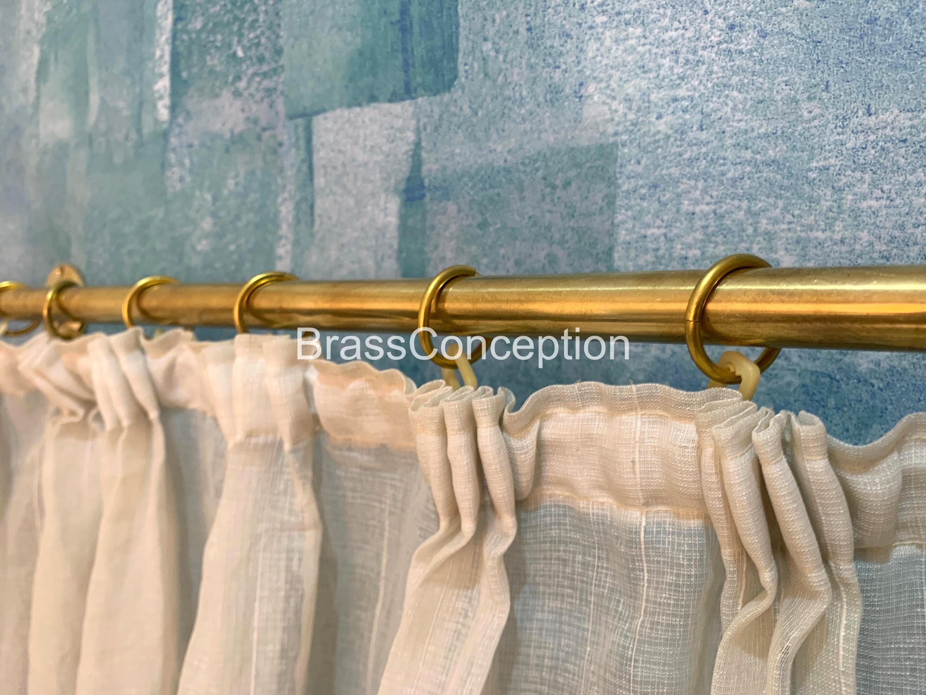 Curtain Rod, Rail, Brass Hooks, Unlacquered Brass Wall Mounted Curtain Hardware Rod with Rings