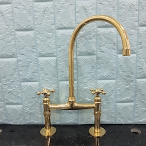 Unlacquered Brass Kitchen Faucet, Solid Brass 8&quot; Bridge faucet with Cross Handles and Straight Legs , Unlacquered Brass Kitchen Bridge Fauce