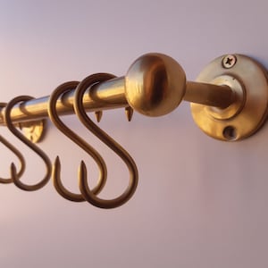 Unlacquered Brass Pot Rail with "S' hooks,solid brass hanging pot and pan,Brass Wall Mounted Pot Rack, Hanging Bar with 16mm Rod for Pan Pot