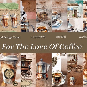 Por el amor del diario basura rústico con temática de café, papeles de impresión digital victoriana, arte de papel, decoupage, álbum de recortes, encanto del país