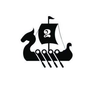 Op de afbeelding: Zwart-witte silhouet van een Vikingschip met het nummer "2" op het zeil. Het schip heeft vijf riemen en een drakenkop aan de boeg.