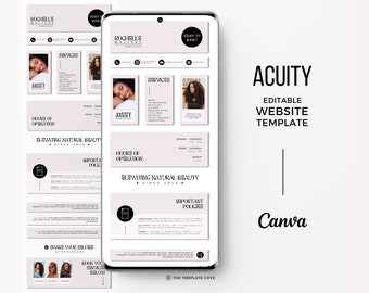 May include: A pink and white website template for Acuity scheduling software. The template features a black and white photo of a woman with curly hair, a logo that says "Rochelle Walters", and the text "Elevating Natural Beauty Since 2014". The template is designed for a hair stylist or beauty professional.