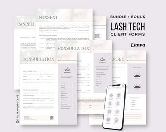 Op de afbeelding: Een set printbare klantformulieren voor wimperstylisten in een lichtgrijs en wit kleurenschema met een kroonlogo. De formulieren omvatten een consultformulier, een toestemmingsformulier, een wimperregistratieformulier en een wimperstylengids. De formulieren zijn ontworpen om te worden gebruikt door wimperstylisten om informatie van hun klanten te verzamelen.