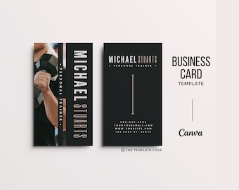 May include: Black and white business card template for a personal trainer named Michael Stuarts. The card features a vertical line and the text "MICHAEL STUARTS" in a bold, sans-serif font. The contact information includes a phone number, email address, website address, and physical address. The text "BUSINESS CARD TEMPLATE" is displayed in a larger font size at the top of the card. The text "Canva" is displayed in a smaller font size at the bottom of the card.