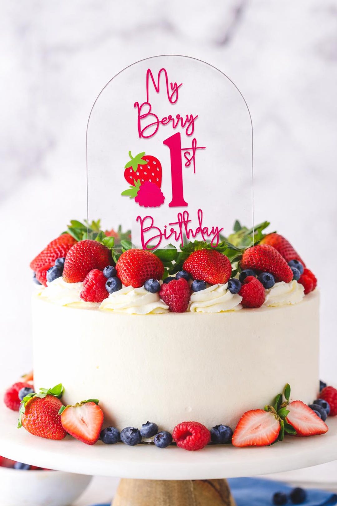 Berry First Birthday Cake Topper - Pink Acrylic 1st Birthday Decoration ...