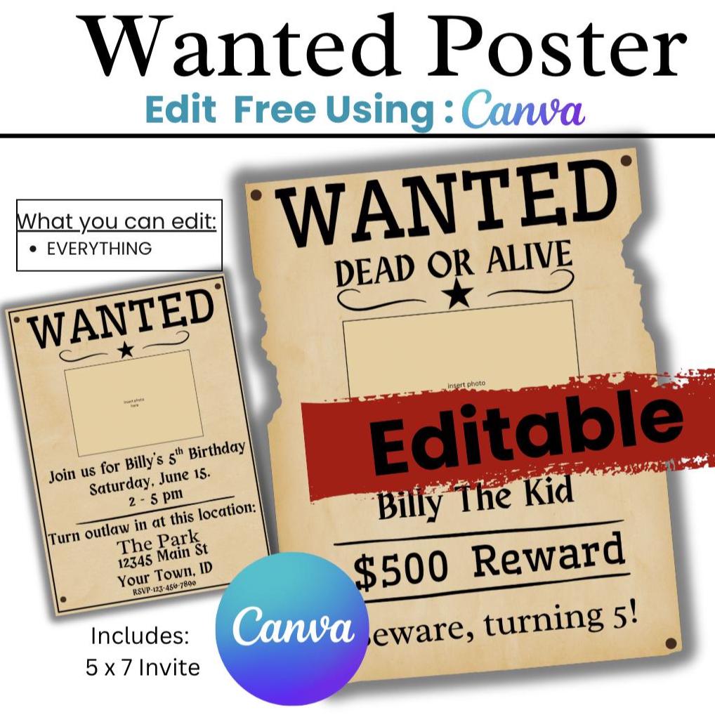 Wanted Poster and Invite DIGITAL DOWNLOAD // Printable Activity // Birthday Game // Cowboy Wanted Poster // Wanted Invite // Cowboy Party