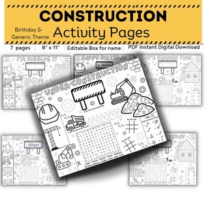 以下が含まれることがあります： 子供向けの建設をテーマにした印刷可能なアクティビティページ7枚セット。ページには、単語検索、迷路、点つなぎ、塗り絵、違い探しゲームが含まれています。ページは白黒で、建設車両、工具、機器が描かれています。