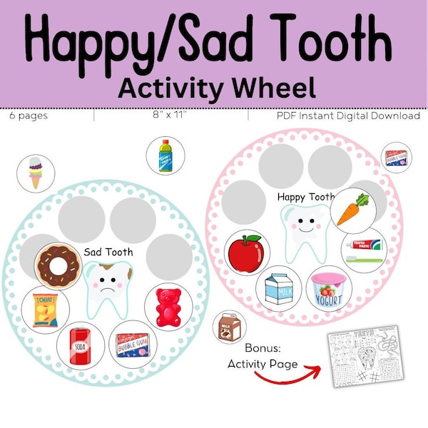 Dental Health  Brushing Teeth Activity DIGITAL DOWNLOAD //  Printable Acitivity // Happy Sad Tooth Activity // Preschool // Toddler // Teeth