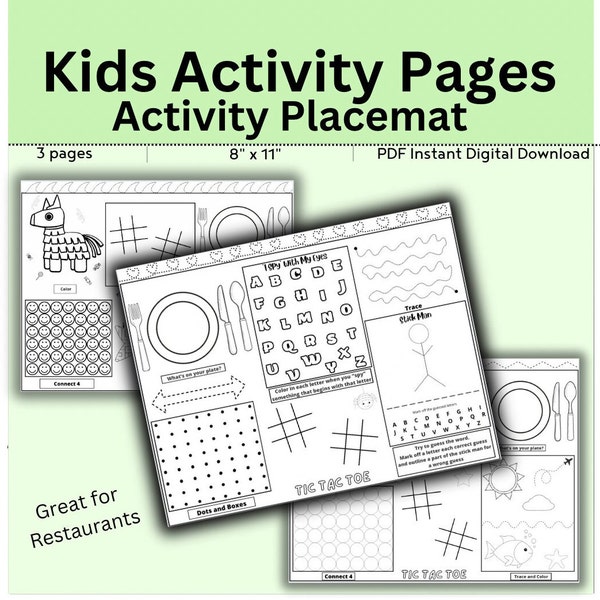 Kids Activity Pages DIGITAL DOWNLOAD // Placemat Printable Activity // Printable Kids Activity // Restaurant Printable Placemat