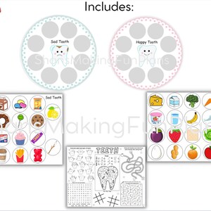 Puede incluir: Un conjunto de recursos educativos imprimibles para ense&ntilde;ar a los ni&ntilde;os sobre los dientes sanos. El conjunto incluye dos gr&aacute;ficos circulares con im&aacute;genes de dientes felices y tristes, dos conjuntos de tarjetas de alimentos y una hoja de trabajo con un laberinto y una b&uacute;squeda de palabras. La hoja de trabajo incluye el texto "TEETH".