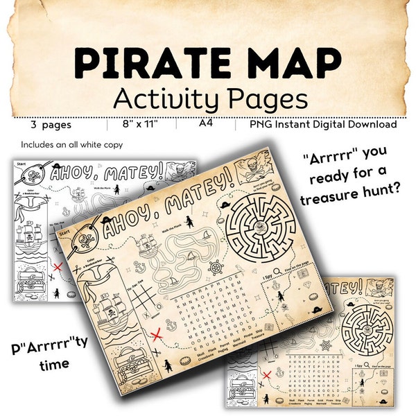 Treasure Map Pirate Map Activity Page DIGITAL DOWNLOAD // Printable Acitivity // Summer Game For Children // Pirates // Treasure Map