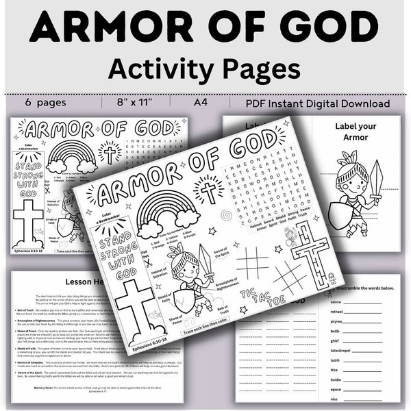 Armor of God Activity Coloring Pages  DIGITAL DOWNLOAD // Printable Activity //  Bible School  // Sunday School // Vacation Bible School