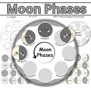 Pode incluir: Uma folha de trabalho imprimível para aprender sobre as fases da lua. A folha de trabalho apresenta um diagrama circular com ilustrações da lua em cada fase, incluindo Lua Nova, Lua Crescente, Quarto Crescente, Lua Gibosa Crescente, Lua Cheia, Lua Gibosa Minguante, Quarto Minguante e Lua Minguante. A folha de trabalho também inclui 6 páginas de círculos menores com as fases da lua para que os alunos recortem e usem para atividades.