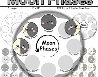 May include: A printable worksheet for learning about the phases of the moon. The worksheet features a circular diagram with illustrations of the moon in each phase, including New Moon, Waxing Crescent, First Quarter, Waxing Gibbous, Full Moon, Waning Gibbous, Last Quarter, and Waning Crescent. The worksheet also includes 6 pages of smaller circles with the moon phases for students to cut out and use for activities.