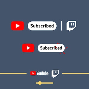 May include: A graphic showing a red YouTube play button and a white Twitch logo with the text "Subscribed" in a white oval. The graphic is on a dark blue background.