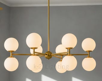Mid Century Modern Brass Globe Chandelier – Frosted Glass,12-Light or 16- Light