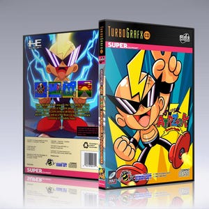 May include: A video game box cover for the Super TurboGrafx-16 console. The cover features a cartoon character with a lightning bolt on his head, wearing sunglasses and a black and red outfit. The title of the game is "Super Ape Escape".