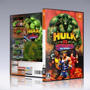 May include: A Sega Dreamcast video game case with a green and black image of the Hulk on the front. The game is called "Hulk vs.  Slayers of Rage".
