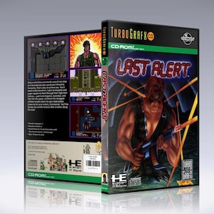 May include: A TurboGrafx-CD video game case for "Last Alert." The cover art features a muscular man holding a gun, with the game's title in bold letters. The back of the case shows screenshots and game details.