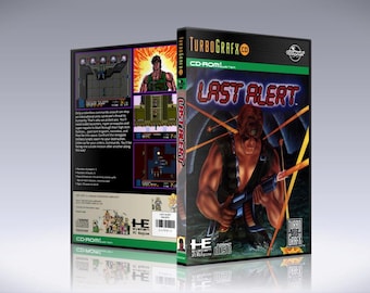 May include: A TurboGrafx-CD video game case for "Last Alert." The cover art features a muscular man holding a gun, with the game's title in bold letters. The back of the case shows screenshots and game details.