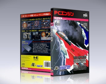 May include: Two video game boxes, one in front of the other. The front box has a red and white jet with lightning and the text "SUPER" and Japanese characters. The back box has Japanese text and illustrations.