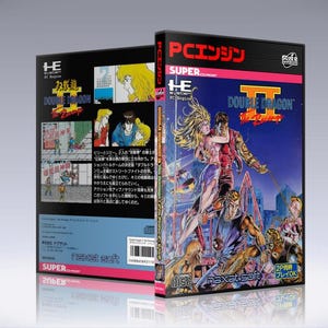 May include: A video game cartridge case for the Super Nintendo Entertainment System (SNES) featuring the game Double Dragon II: The Revenge. The case is black with a red and yellow design. The front of the case features a colorful illustration of the game's characters, including a woman with long blonde hair and a man with a red shirt and black pants. The text "DOUBLE DRAGON II: The Revenge" is printed in white on a red background. The text "SUPER" is printed in white on a yellow background. The text "PCエンジン" is printed in white on a black background.
