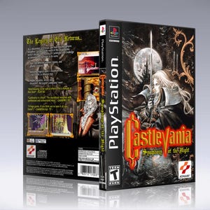 May include: A PlayStation video game case for Castlevania: Symphony of the Night. The case is black with a red and gold title and a dark image of a character holding a sword. The game is rated T for Teen.