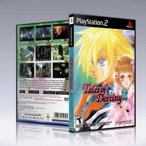 May include: A PlayStation 2 video game case for Tales of Destiny 2. The front cover features an illustration of a blonde character and a brown-haired character. The back cover displays several small gameplay screenshots and descriptive text.