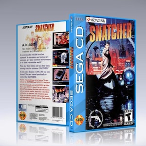 May include: A Sega CD game case with a blue background and the title "SNATCHER" in white text. The game is rated T for Teen. The back of the case features a description of the game, set in the year A.D. 2047.