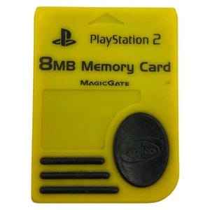 May include: Yellow PlayStation 2 8MB Memory Card with black text and a black oval-shaped button. The card has the PlayStation logo and the text "MAGICGATE". The card has a rectangular shape with a small hole at the top.