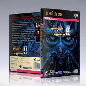 May include: A TurboGrafx CD Super game cartridge for Dungeon Explorer II. The front of the box features a blue and black illustration of a character with glowing red eyes. The title "Dungeon Explorer II" is printed in gold and red.