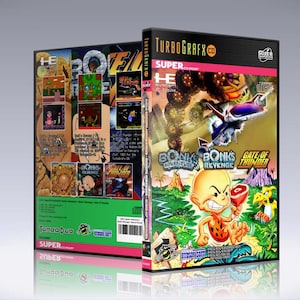 May include: A video game case for TurboGrafx-CD featuring the game "Bonk's Adventure: Revenge" and "Gate of Thunder". The cover art shows a cartoon character holding a meat, with a colorful background. The back of the case displays other game covers.
