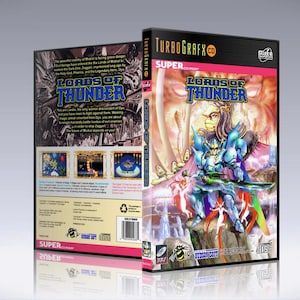 May include: A video game box cover for Lords of Thunder, a Super TurboGrafx-CD game. The cover features a blue and silver knight character holding a sword and shield, with a background of a fantasy landscape.
