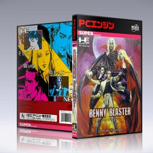 May include: A video game box cover with a red, white, and black color scheme. The title of the game is "Renny Blaster" in white text. The cover features a group of characters in a fantasy setting.