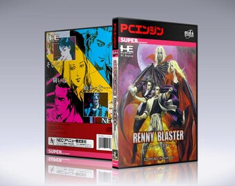 May include: A video game box cover with a red, white, and black color scheme. The title of the game is "Renny Blaster" in white text. The cover features a group of characters in a fantasy setting.