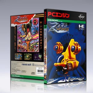 May include: A PC Engine CD-ROM game case with a blue and yellow spaceship on the front. The title of the game is "Zero Wing" and the text "PCエンジン CD-ROM" is also visible. The back of the case features a colorful illustration of the game's characters and environments.