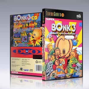 May include: Two game cases for Bonk 3 CD, a retro video game. The front case features a cartoon character with a large head and a colorful background. The other case is a Duo version with the text "Bonk is Back".