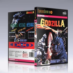 May include: A video game box cover for the Super Godzilla game for the TurboGrafx-16 console. The cover features a black and blue Godzilla monster with a red eye. The text "SUPER GODZILLA" is in yellow and red letters on a black background.