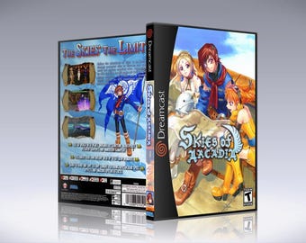 May include: A Dreamcast video game case with a blue and white background. The game is called "Skies of Arcadia" and features a group of characters in a fantasy setting. The text "The Skies the Limit" is on the back of the case.