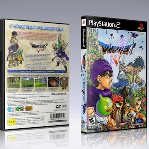May include: Dragon Quest V: Hand of the Heavenly Bride video game cover art for the Playstation 2. The cover features a colorful illustration of characters from the game, including a green slime monster, a knight, and a young boy with a purple hat.