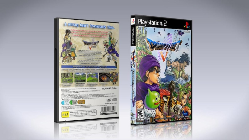 May include: Dragon Quest V: Hand of the Heavenly Bride video game cover art for the Playstation 2. The cover features a colorful illustration of characters from the game, including a green slime monster, a knight, and a young boy with a purple hat.