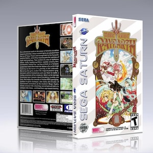 May include: A Sega Saturn video game case with a white background and a colorful image of three female characters with swords and wings. The game title is "Radiant Mythology", and the ESRB rating is "T" for Teen.