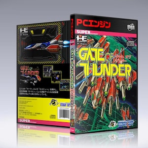 May include: A video game cartridge case for the Super Nintendo Entertainment System (SNES) featuring a colorful illustration of a futuristic spaceship with the title "Gate of Thunder" in yellow and red text.