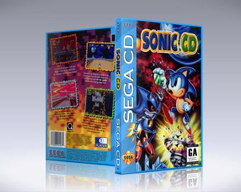 May include: A Sega CD game case with a blue background and the text "Sonic CD" in white. The front of the case features a colorful illustration of Sonic the Hedgehog and Metal Sonic fighting.