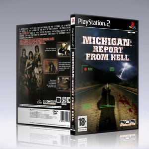 May include: A PlayStation 2 video game case for "Michigan: Report From Hell." The cover features a dark, ominous scene of a road with a figure and lightning. The back shows a group of people and additional images.