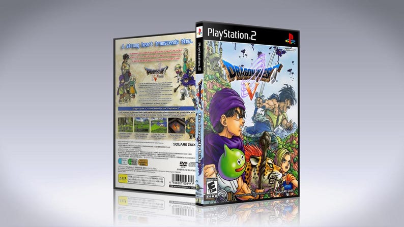 May include: Dragon Quest V: Hand of the Heavenly Bride PlayStation 2 video game case. The front cover features a blue and purple background with a dragon and the game title. The back cover features a description of the game and screenshots.