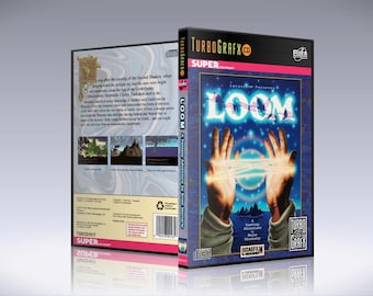 May include: A video game box cover for Loom, a fantasy adventure game for the TurboGrafx-16. The cover features a blue background with stars and a pair of hands casting a spell. The game title "LOOM" is written in white letters.