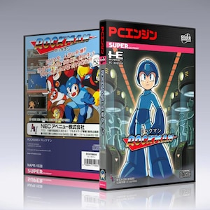 May include: Two video game cases for the PC Engine game "Rockman". The front case features a blue robot character with the game title. The back case shows a colorful action scene with multiple characters. The cases are black with Japanese text.